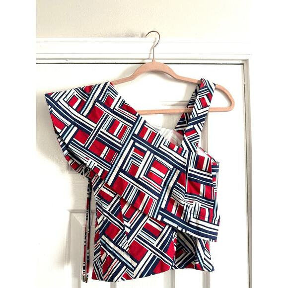 CARVEN Geometric One-Shoulder Ruffle Abstract Top Blouse Red White Blue Nautical - Picture 4 of 5